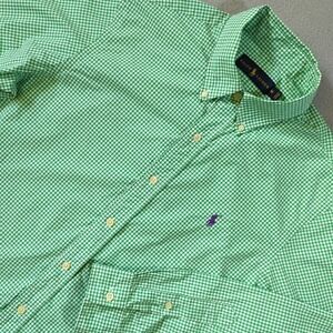 Polo Ralph Lauren Mens Medium Green Gingham Check Button Down Shirt Cotton Pony